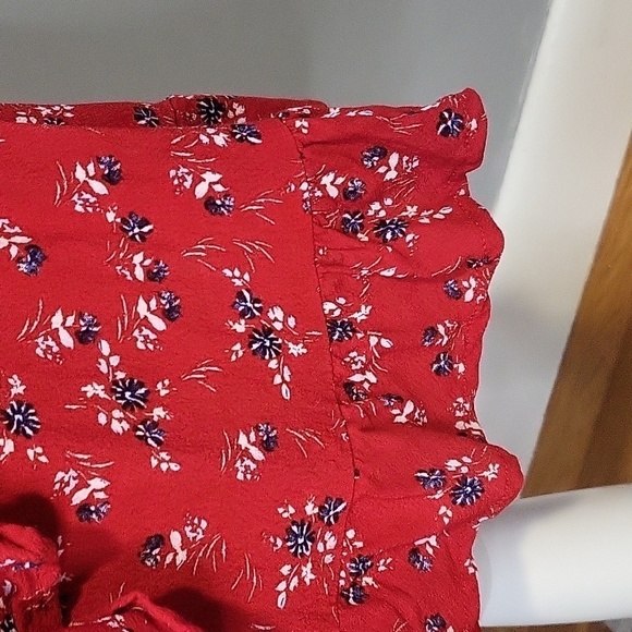 Gap Red Floral Faux Wrap Rayon Pullover Elastic Waist Dress - Size SP - Picture 6 of 8